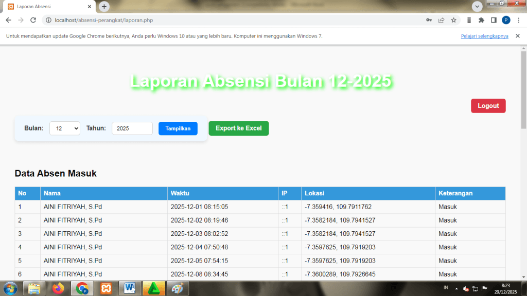 Laporan rekap absensi perangkat desa online