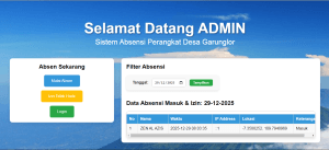 Tampilan dashboard sistem absensi perangkat desa online dengan fitur absen masuk, izin, dan rekap kehadiran