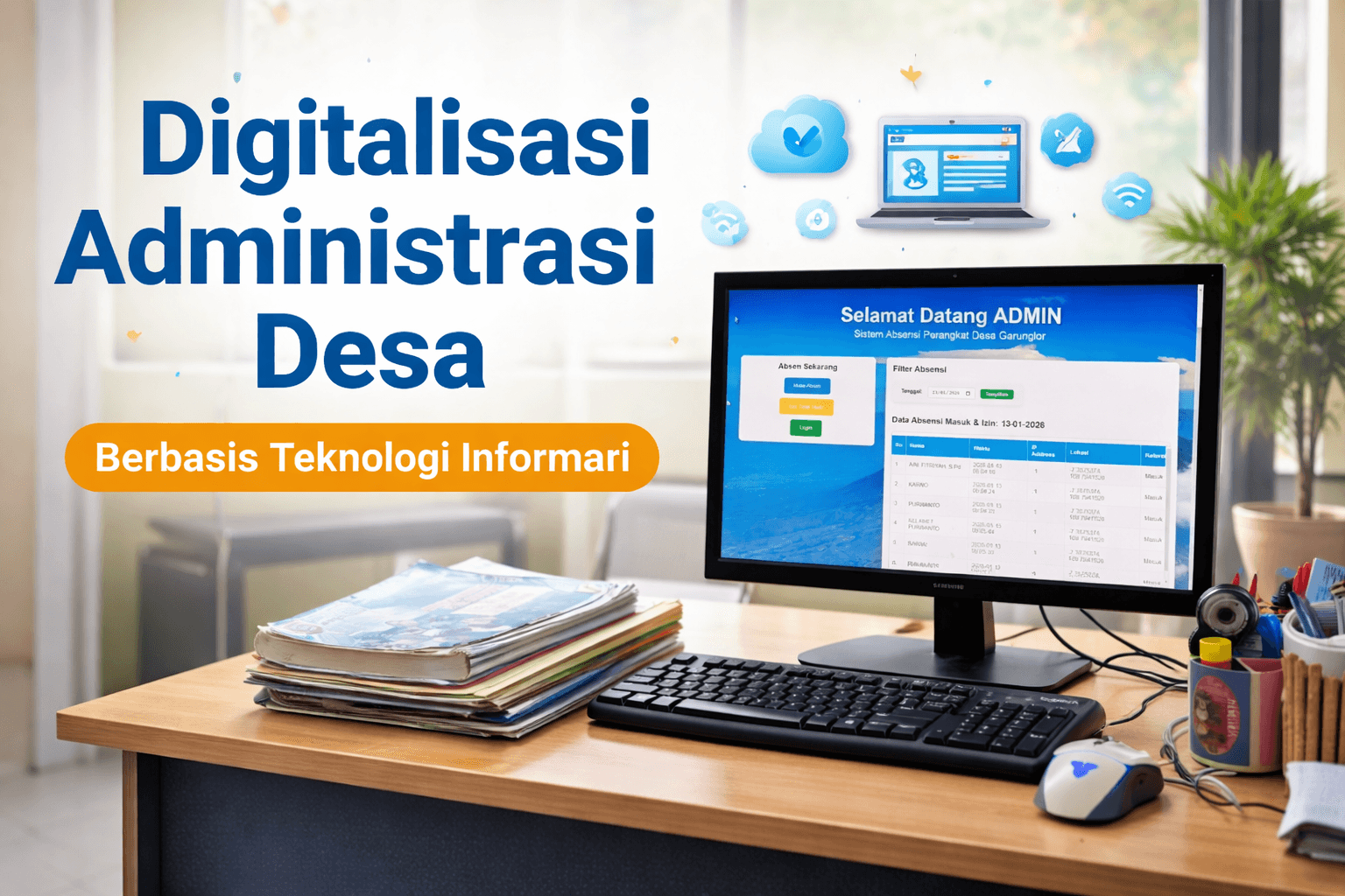 Tampilan sistem digital administrasi desa yang menampilkan absensi perangkat desa di layar komputer.